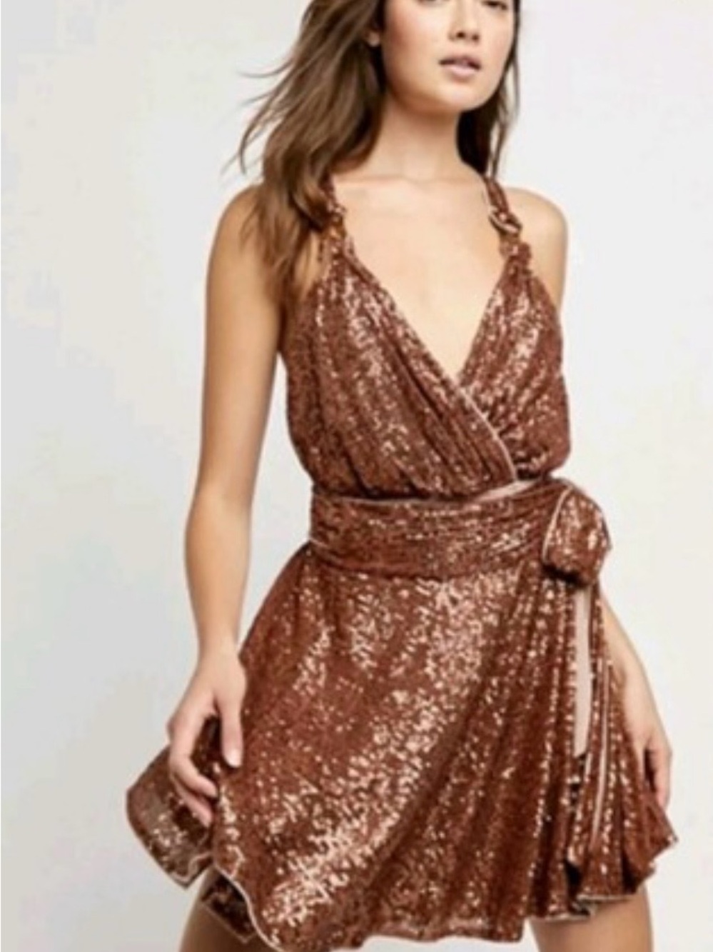 Free People Bronze Sequin Wrap Mini Dress